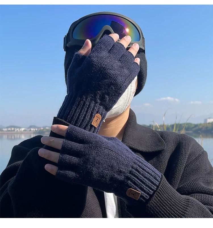 Product Introduction of 2024 Gloves Men's Open Finger Winter Half Finger Riding Student Writing Thick Wool Knitted Leaking Finger Cold-Proof Warm 17