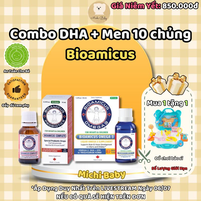 Combo Siro Hỗ Trợ Bổ Sung Men Vi Sinh 10 Chủng Và DHA Bioamicus - Vị Cam Bổ Sung DHA Hương Cam Thơm Tự Nhiên 10ml/30ml - Michi Baby MC633