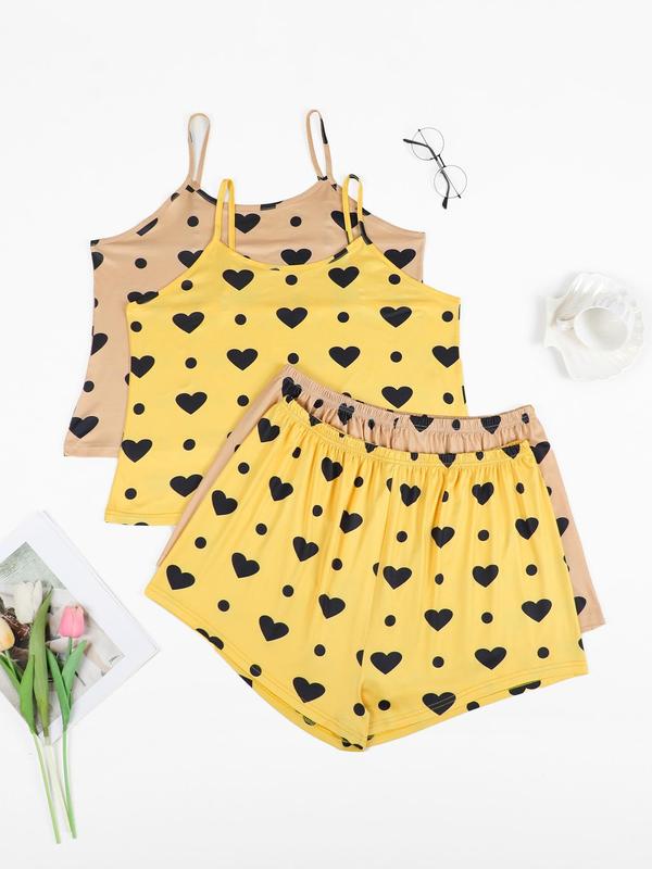Plus Size Heart Print Cami Top & Shorts Loungewear Set, Casual Comfy Pyjama Set for Women, Women's Sleepwear for Summer 0