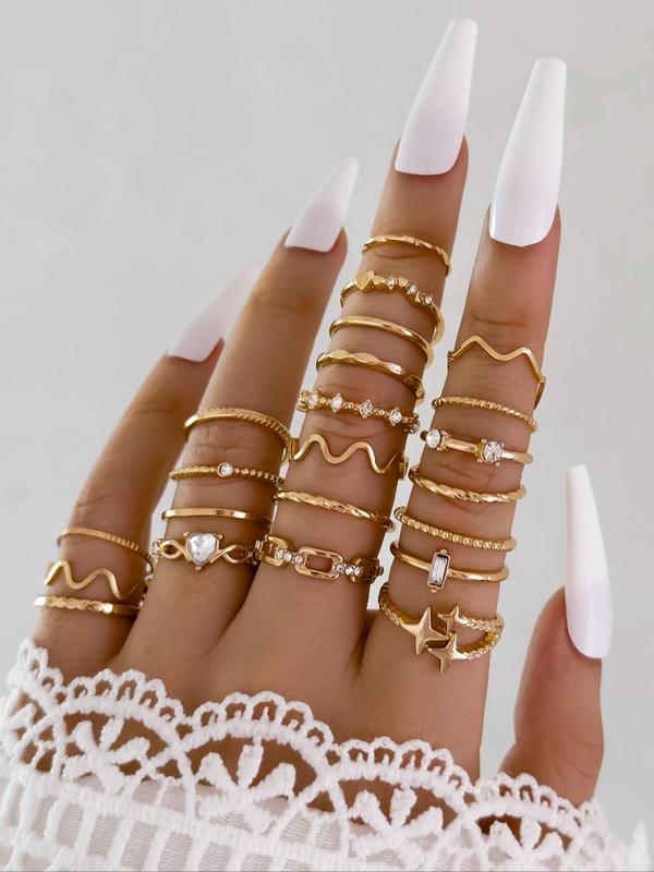 Women's Elegant Rhinestone Decorated Rings with Star & Heart Design (22pcs), Casual Trendy Rings for Party, Daily Clothing Decor, Trendy All-match & Exquisite Jewelry for Birthday Gift 4