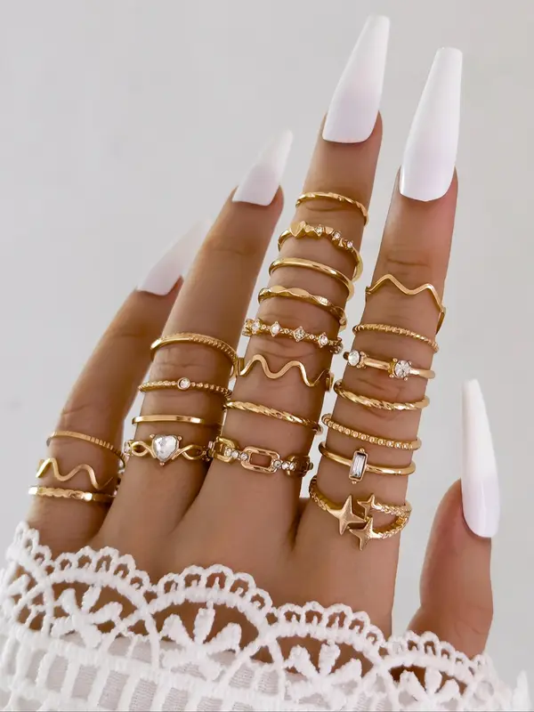 Women's Elegant Rhinestone Decorated Rings with Star & Heart Design (22pcs), Casual Trendy Rings for Party, Daily Clothing Decor, Trendy All-match & Exquisite Jewelry for Birthday Gift 4