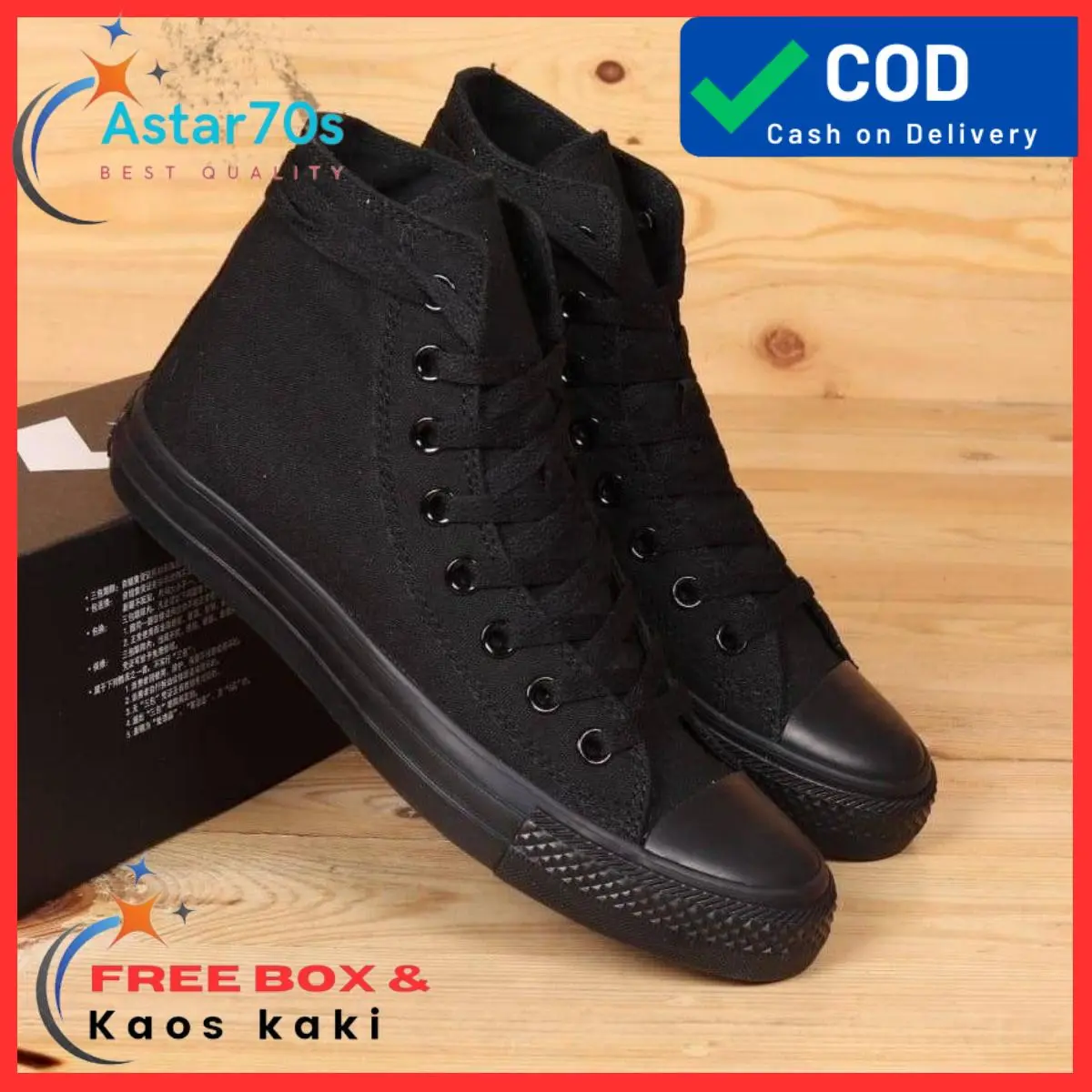 SEPATU CONVERS FULL BLACK HIGH LOW HITAM POLOS SNEAKERS KASUAL TRENDI KEKINIAN MURAH UK 36-43 Bisa COD