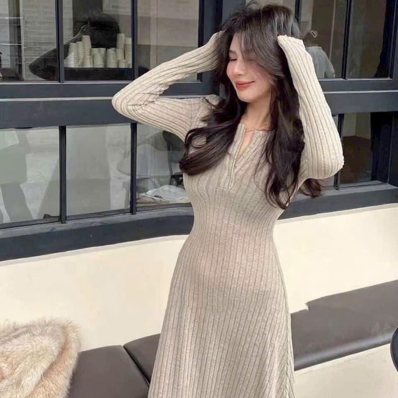 Đầm Bầu Maxi Xuông A Dáng Dài Tăm Gân Thái Co Dãn 4 Chiều Váy Bầu Nữ Women Nhung Voi