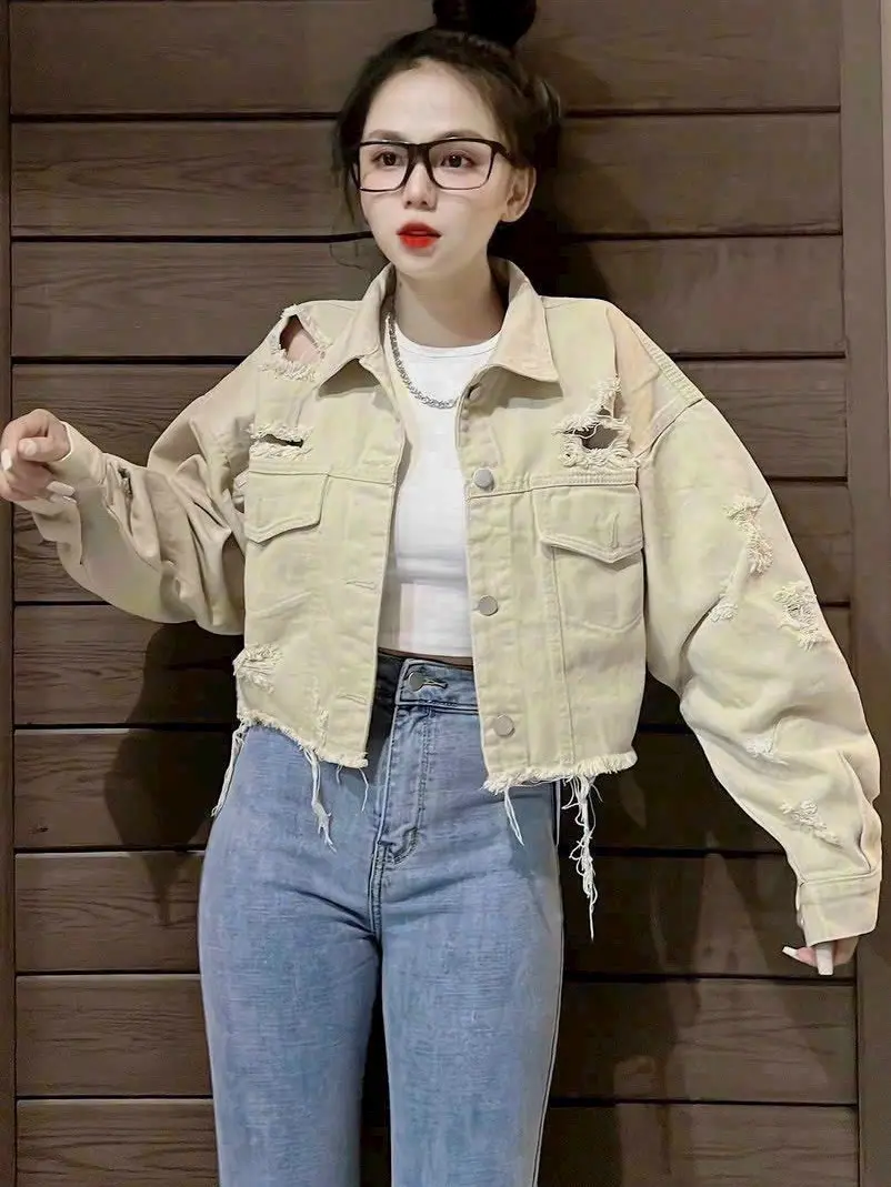 ÁO KHOÁC JEAN NỮ PHỐI RÁCH CHẤT BÒ SÀNH ĐIỆU CÁ TÍNH TREND HÀN QUỐC Jacket Top Women khoác  bò khoác  bò áo khoác  cổ cao áo  khoác