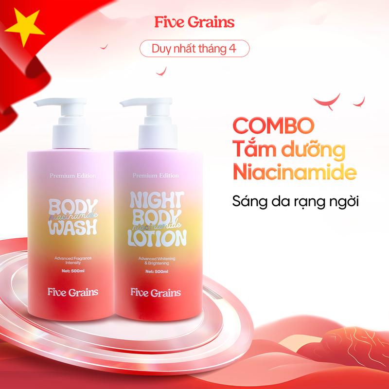 Combo giúp dưỡng trắng dưỡng ẩm da sữa tắm và sữa dưỡng thể Niacinamide, Alpha-Arbutin Five Grains 500ml Dưỡng Da Body