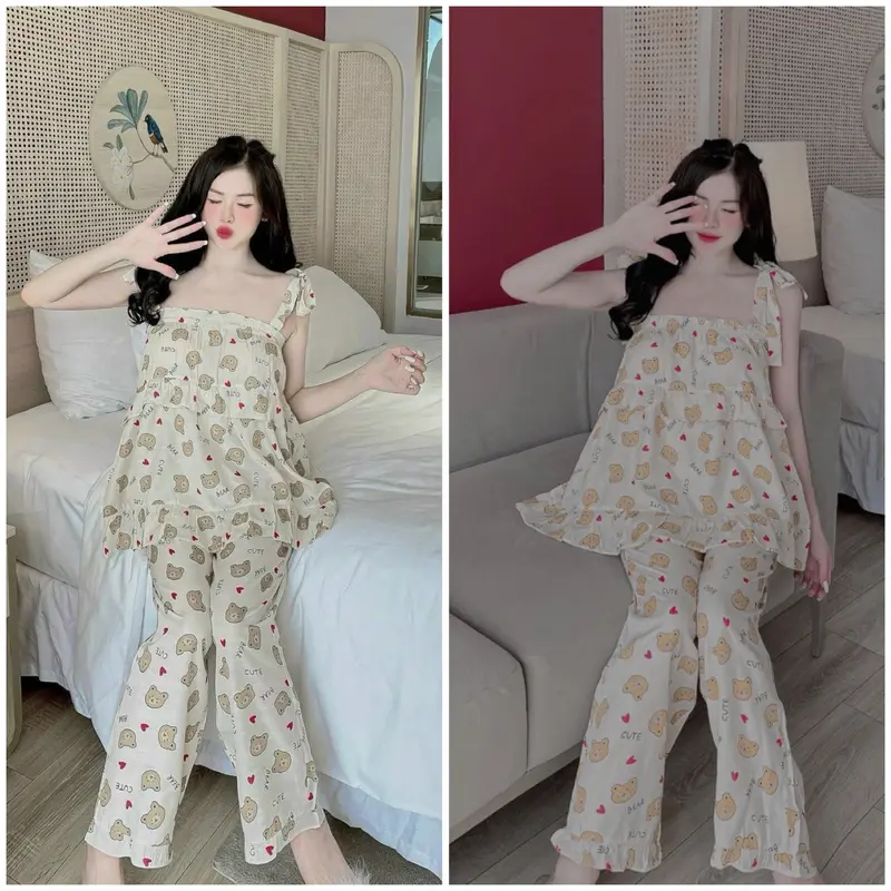 (FreeSize 50-62kg) Set đồ bộ Áo nữ dây gấu xinh cao cấp women 2