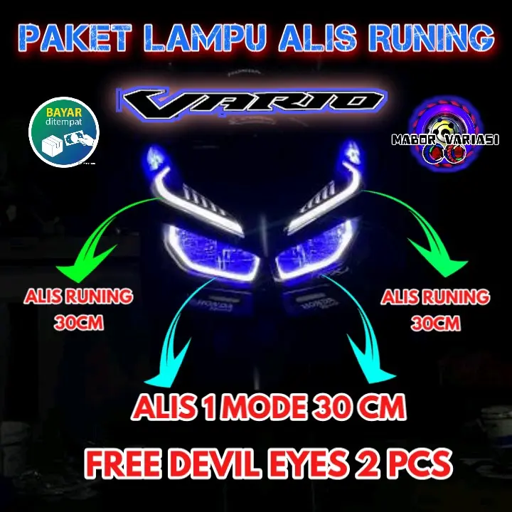 PAKET LAMPU ALIS 2 MODE RUNING + 2PCS 1 MODE SENJA FREE DEVIL EYES 2PCS VARIO 125 150 PANJANG 30 CM KANAN KIRI BISA COD Kabel Motor