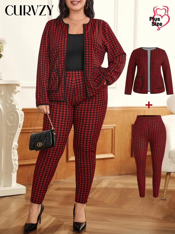 CURVZY Plus Size Two-Piece Set Houndstooth Print Pocket Top & Pants, Casual Long Sleeve Open Front Outerwear & Pocket Trousers for Daily Wear, Women's Two-piece Outfits for Spring & Fall 0