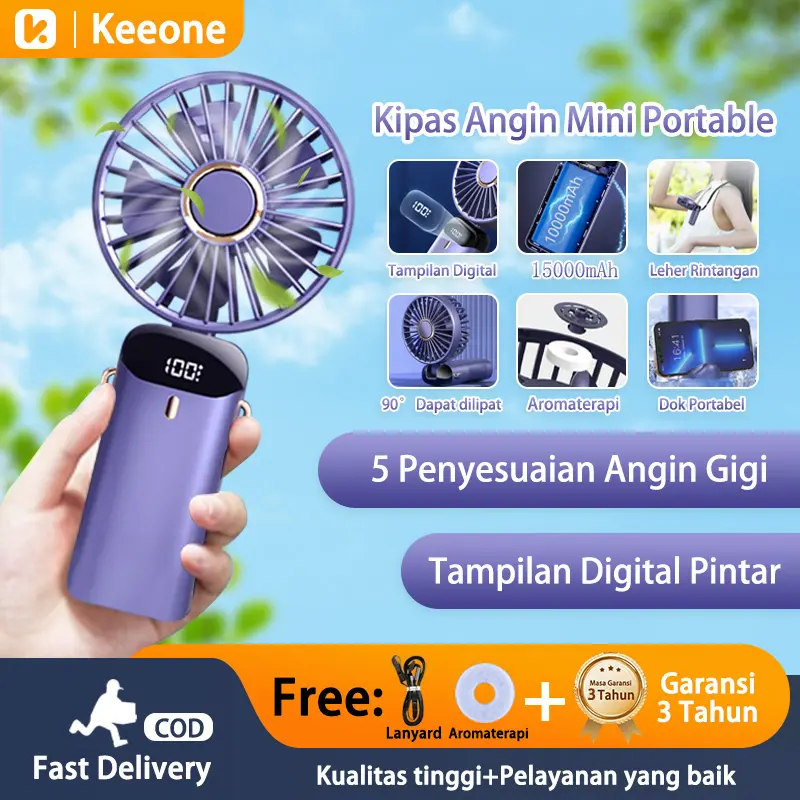 Keeone Kipas Angin Mini Portable 15000Mah 5-Speed Wind Kipas Lipat&LED Display Mini Fan Portable Aromaterapi Kipas Leher 0