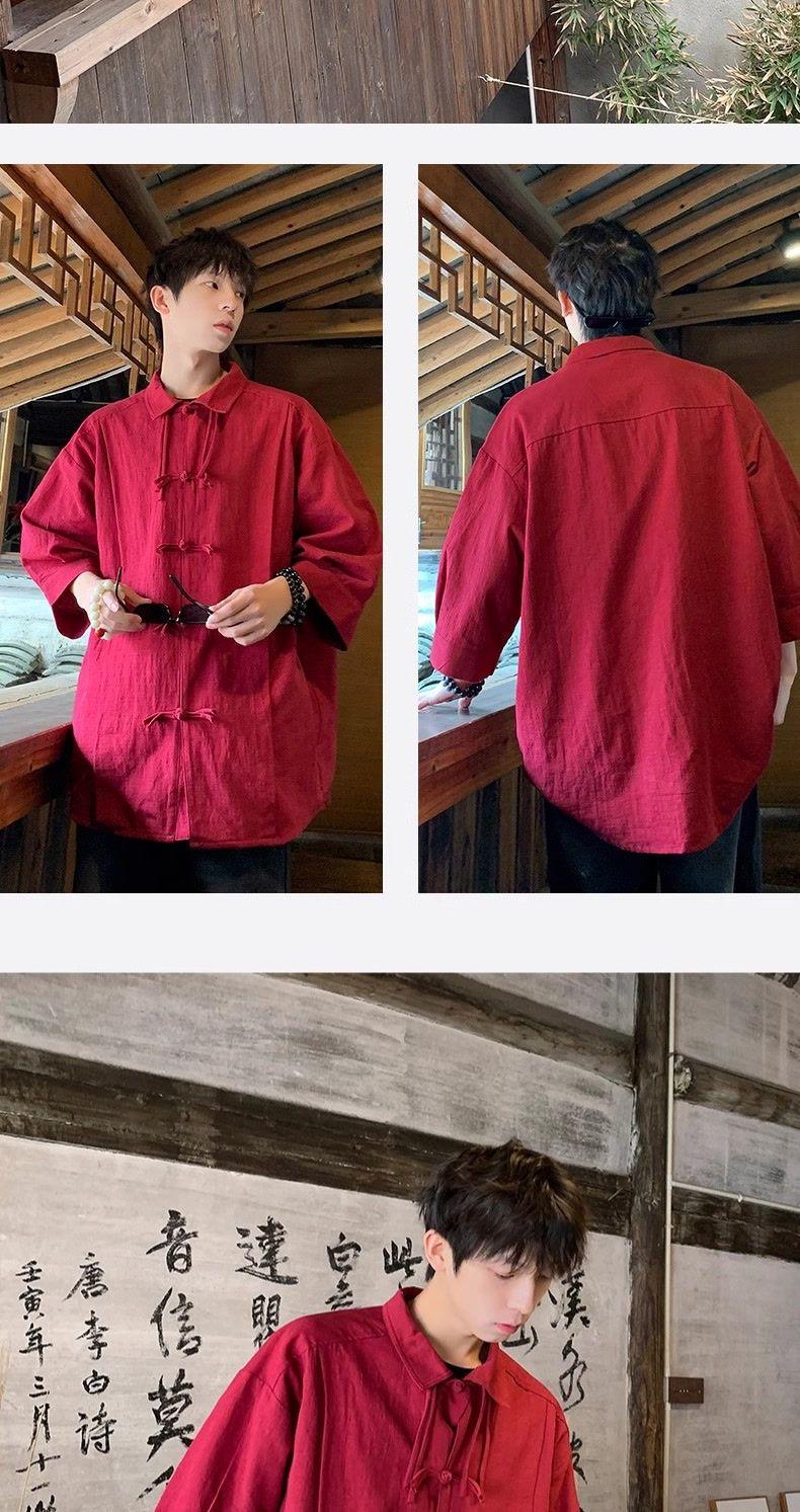 Product Introduction of Áo Sơ Mi Ngắn Tay Cotton Màu Đỏ Rượu Vang Phong Cách Trung Quốc Mới, Dành Cho Nam Giới, Phong Cách Trung Quốc, Trang Phục Mùa Hè, Cổ Chân Đế Chất Lượng Cao, Áo Sơ Mi Cải Tiến Thời Trang 5