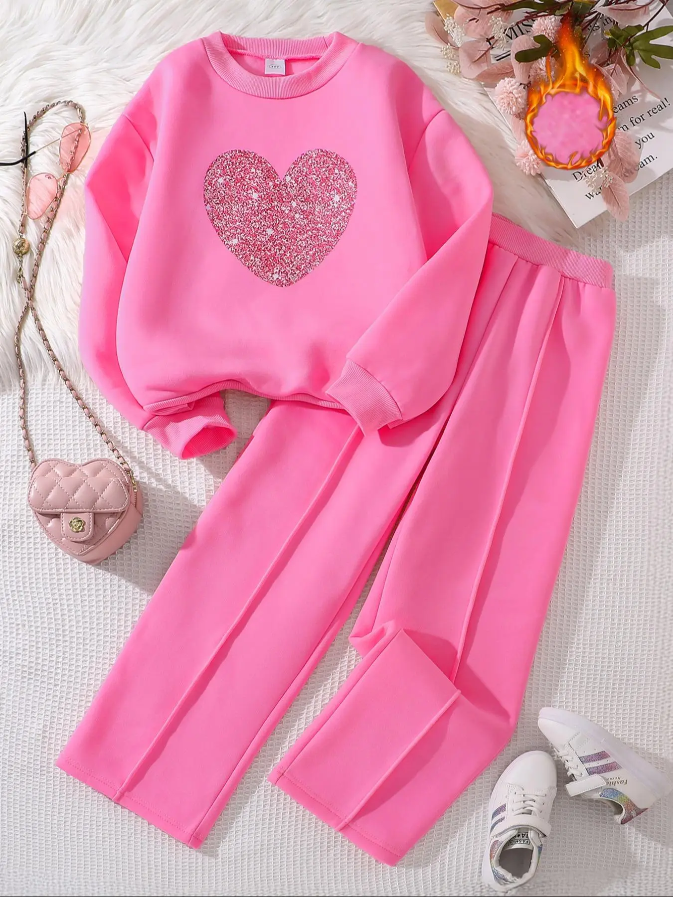 Girl's Heart Print Sweatshirt & Pants Set, Casual Long Sleeve Pullover Top & Trousers for Fall & Winter, Kids Clothes for Daily Wear Valentine's Day, gift