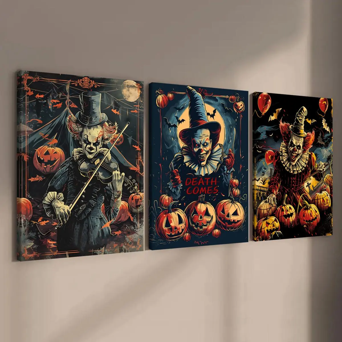 Halloween Themed Wooden Framed Canvas Painting, 3 Counts/set Horror Clown Pattern Wall Art, Wall Decor for Home Living Room Bedroom