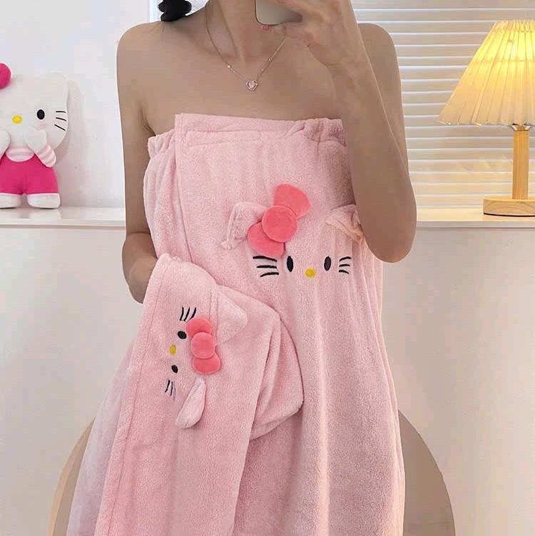 Sét 3 khăn tắm dạng váy Hình Hello + Chó lông cừu san hô thấm hút nước