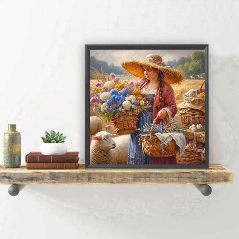 Lady & Sheep Landscape Pattern DIY Diamond Arts Colorful Painting without Frame, 1 Count 5D Diamond Arts Colorful Painting Kit for Wall Decoration 2