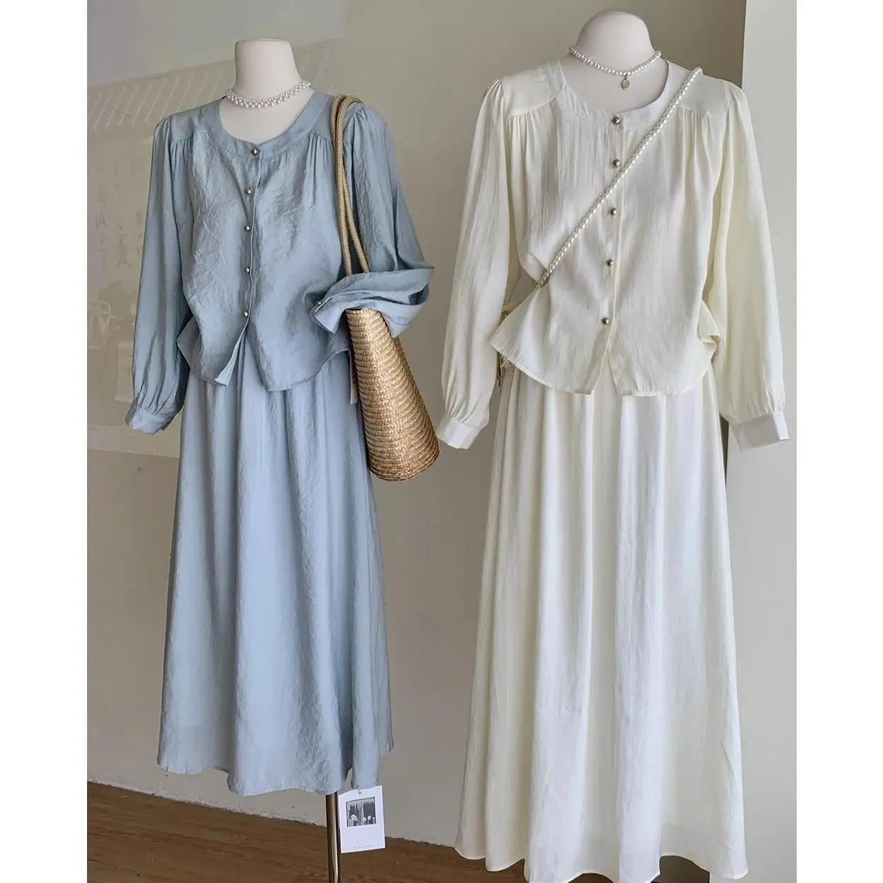 Soft and Elegant Two-Piece Outfit for Women - Spring Summer Round Neck Long Sleeve Top + Maxi Midi Skirt Set, Gentle Feminine Look, Perfect for Casual, Office, or Special Occasions