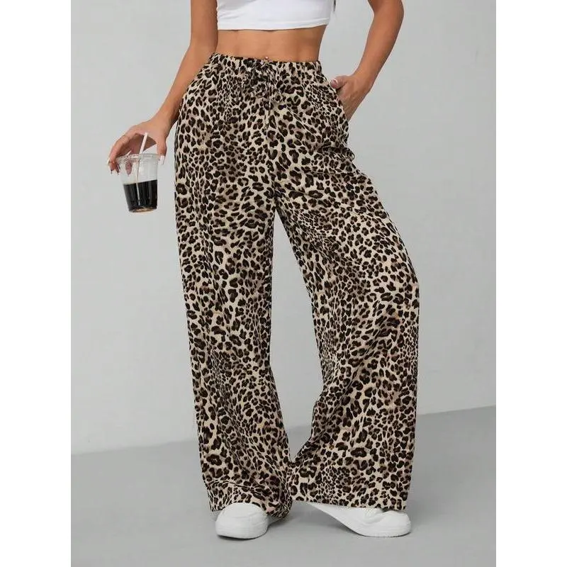 Women's Leopard Print Tie Front Pocket Wide Leg Pants, Casual Comfy Straight Leg Trousers for Daily Wear, Ladies Pants Bottoms for All Seasons