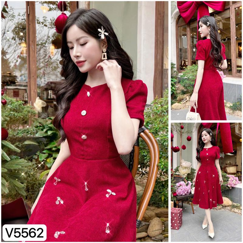 V5562 SẴN/GIAO NGAY VÁY ĐẦM ĐỎ ĐI TIỆC, VÁY NỮ XINH DÁNG MIDI ĐÍNH HẠT DRESS/WOMEN Nhung Voi 2