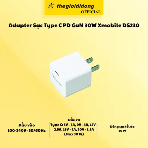 Adapter Sạc Type C PD GaN 30W Xmobile DS230 Trắng Sạc Điện Thoại
