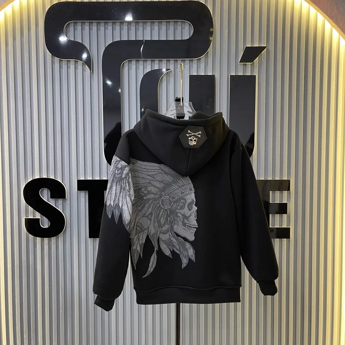 Áo Khoác Nỉ Phillip plein Thổ Dân in sáp hình đầu thổ dân , logo kim loại , khoá qp chuẩn hot hit 2025 Nam Menswear Hoodie Jean