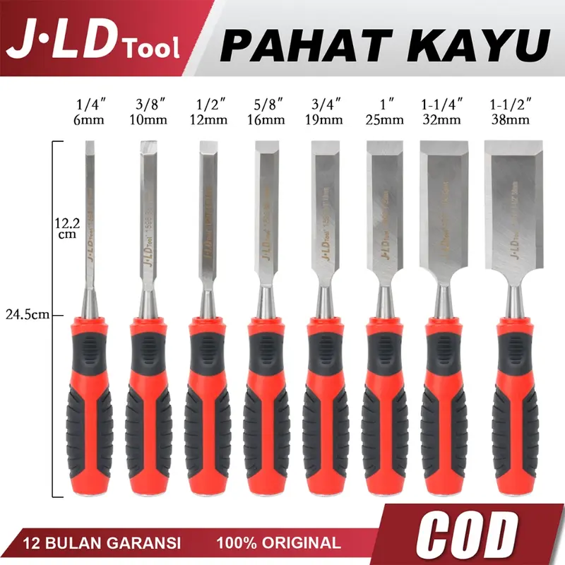 JLD Set Pahat Kayu 8 Ukuran Lengkap dengan Pisau Baja CR-V Tahan Lama dan Tepi Miring - Logam