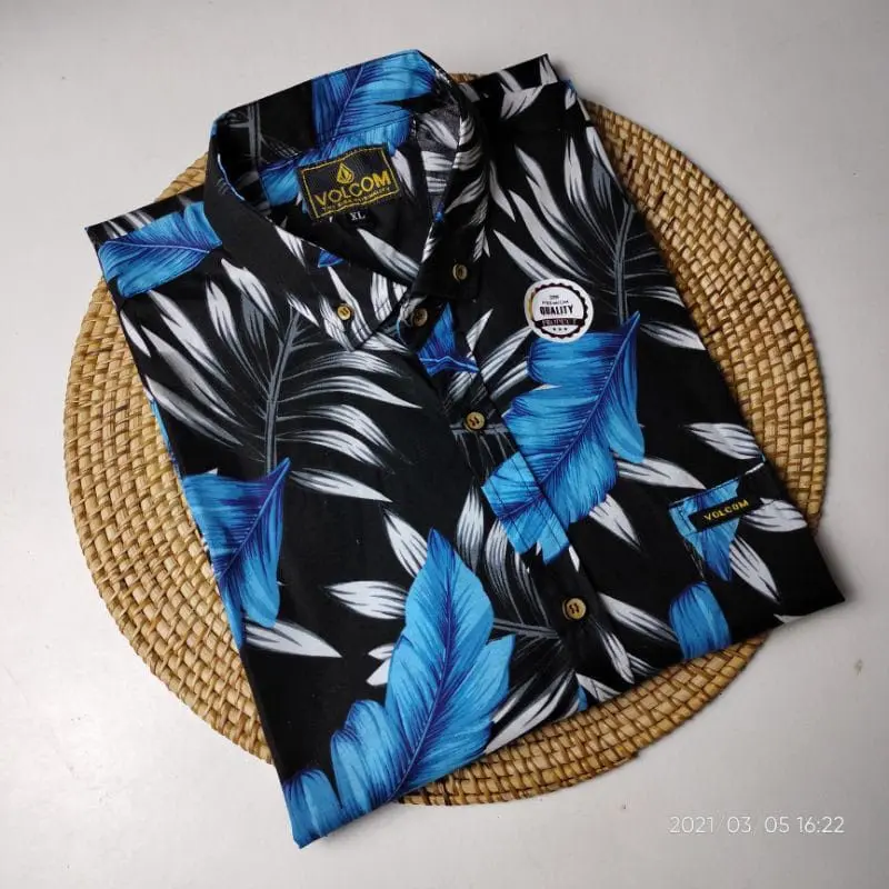 kemeja motif pria lengan pendek Daun Katun 0