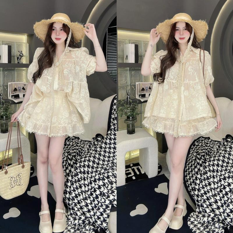 T1756 Set Đầm Nữ Thiết Kế EMME 2 Món Gồm Áo Ren Sơ Mi Babydoll Phối Chân Váy Dáng Ngắn Xòe Cách Điệu Top Women Kem ( Kèm Áo 2 Dây ) - Thanh Tự Nhung