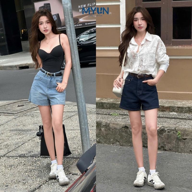 MYUN - Quần short jean nữ lưng cao dài 33 cm Quần đùi jean nữ dáng ngố siêu tôn dáng JS0001