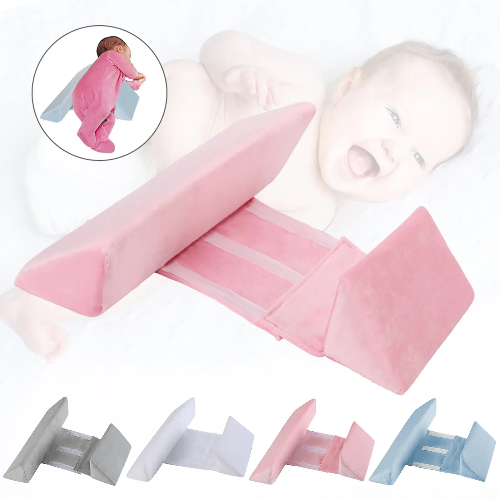 Baby Side Sleepers Wedge with Secure Straps Adjustable Anti-Roll 45-Degree Slope Design Anti-vomitting Soft Memory Foam Baby Wedge Pillow