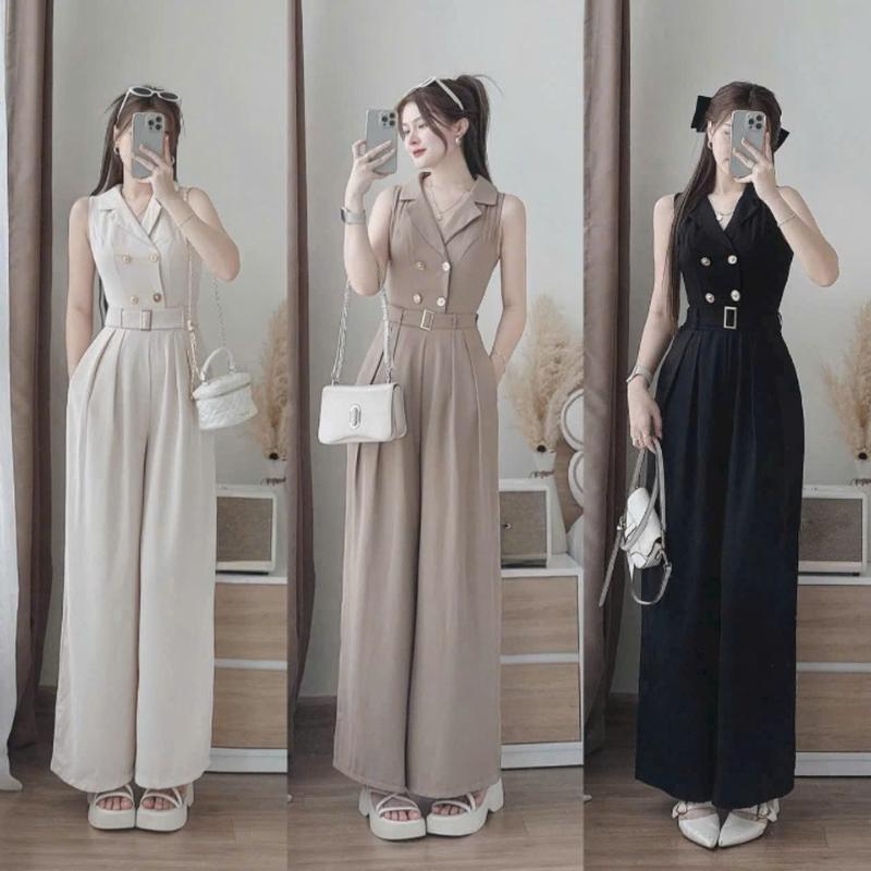  Set jum nữ cotton lạnh thiết kế áo cộc tay cổ vét dính nút quần dài rộng kèm nịt sang chảnh dành cho các nàng diện di chơi,di tiệc. 