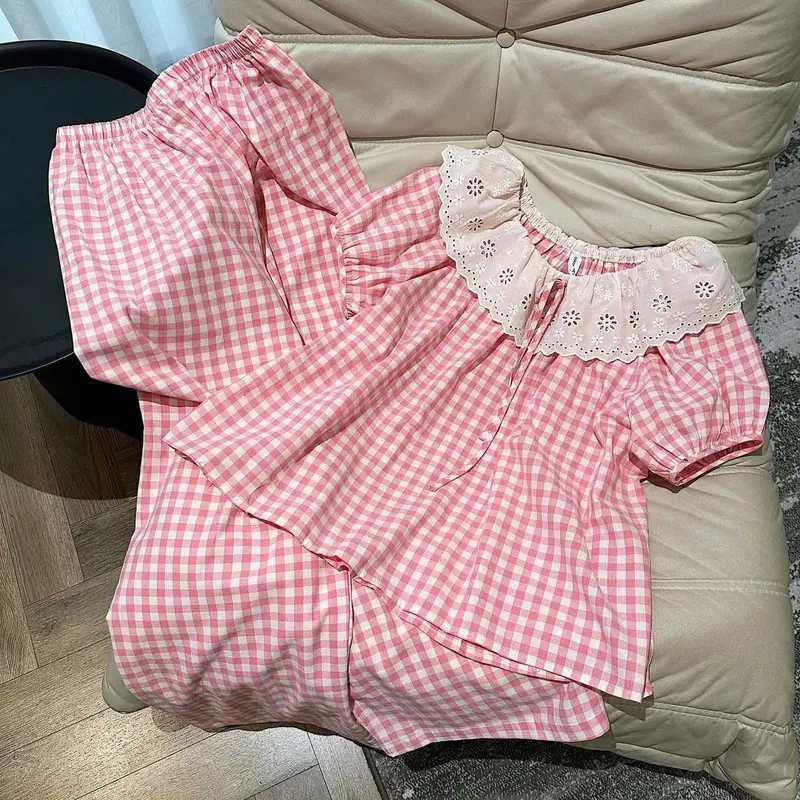 N151- Pijama Bánh bèo cộc dài kẻ hồng phối ren bèo  cho nữ - Bộ ngủ công chúa cho nữ mặc nhà hàng quảng châu cao cấp 0