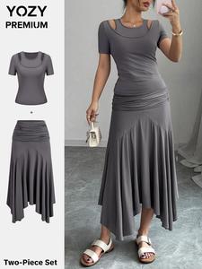 YOZY Two-Piece Set Women's Solid Color 2 in 1 Top & Ruched Asymmetrical Hem Skirt Set, Casual Short Sleeve Top & Elastic Waist Skirt, Ladies Summer Clothes, Womenswear