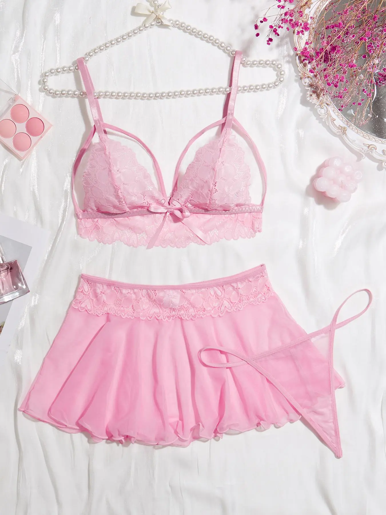 Women's Floral Lace Sheer Sexy Lingerie Set, Adjustable Strap Criss Cross Bra & Skirt & Thong Set, Women's Lingerie & Underwear for All Seasons