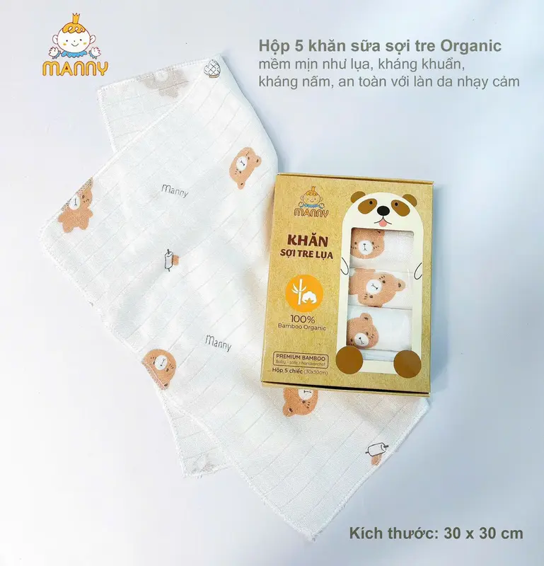 Set 5 Khăn Sữa Sợi Tre Manny Cao Cấp Chính Hãng (2-4 Lớp) Mềm Mịn, Thấm Hút, Kháng Khuẩn Cho Bé 5