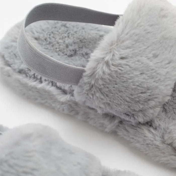 Faux Fur Platform Slippers - Grey 1