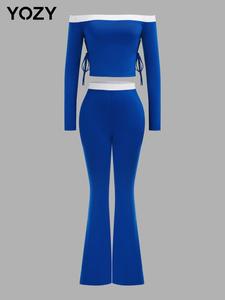 YOZY Co-ords Set, Women's Colorblock Off Shoulder Tie Side Crop Top & High Waist Pants Set, Ladies Spring & Fall Clothes