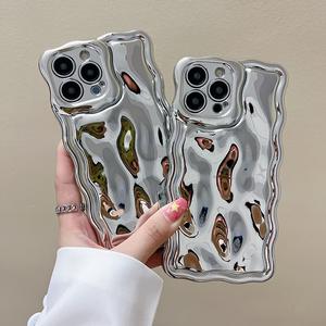 Luxury Plating Phone Case for iPhone 15 14 13 12 11 X Xs Max 6 7 8 Plus Case Curly Wave Shape Shockproof Casing Soft Bumper Candy Water Ripple 3D Silicone Slim Pretty Case Aesthetic Cover Protection