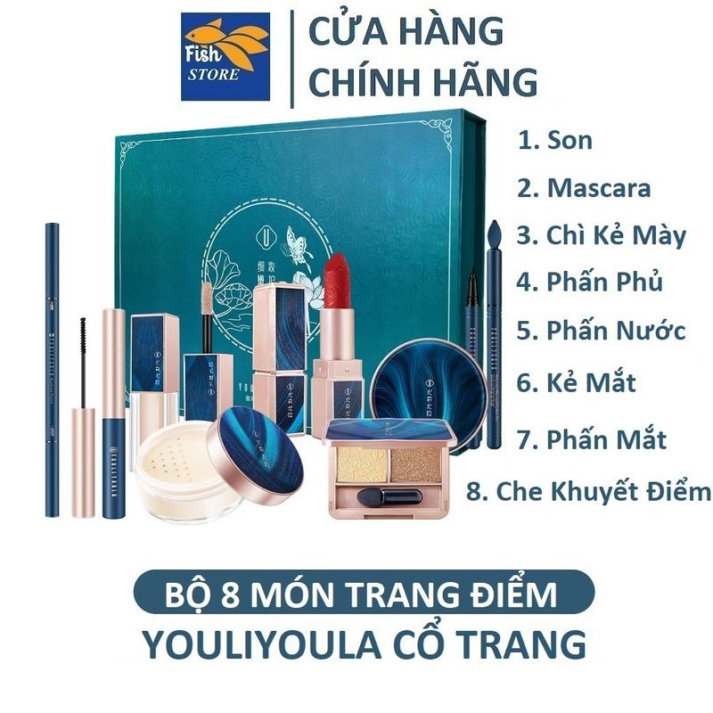 Bộ 14 Món Make Up trang điểm dành cho cá nhân cao cấp nội địa trung nhà FISHVN gồm :  Son , phấn má , phấn phủ , kẻ mắt,  xịt khóa make up , chuốt mi , mút tán kem nền , chì xé kẻ mày , kẹp mi , bộ cọ trang điểm Son Kem Che Khuyết Điểm Mỹ Phẩm Cosmetic Nữ