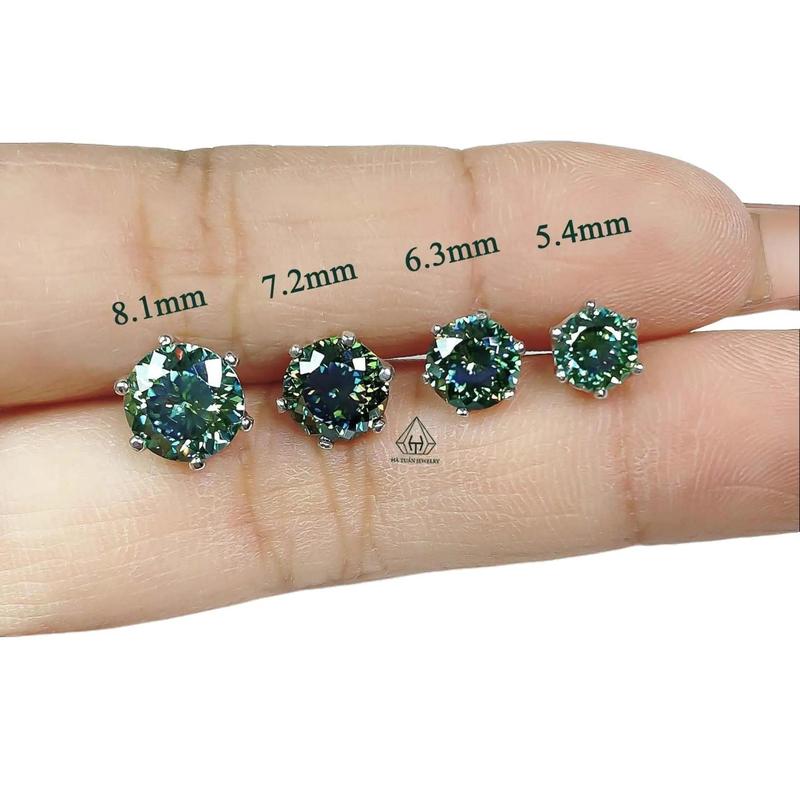 Bông Tai Nụ Bạc 925 Xi Kim Đính Đá Moissanite Xanh Lá 161 Giác Cắt Nam Nữ 6 Chấu Chuôi Vặn EX003 Hà Tuấn Jewelry