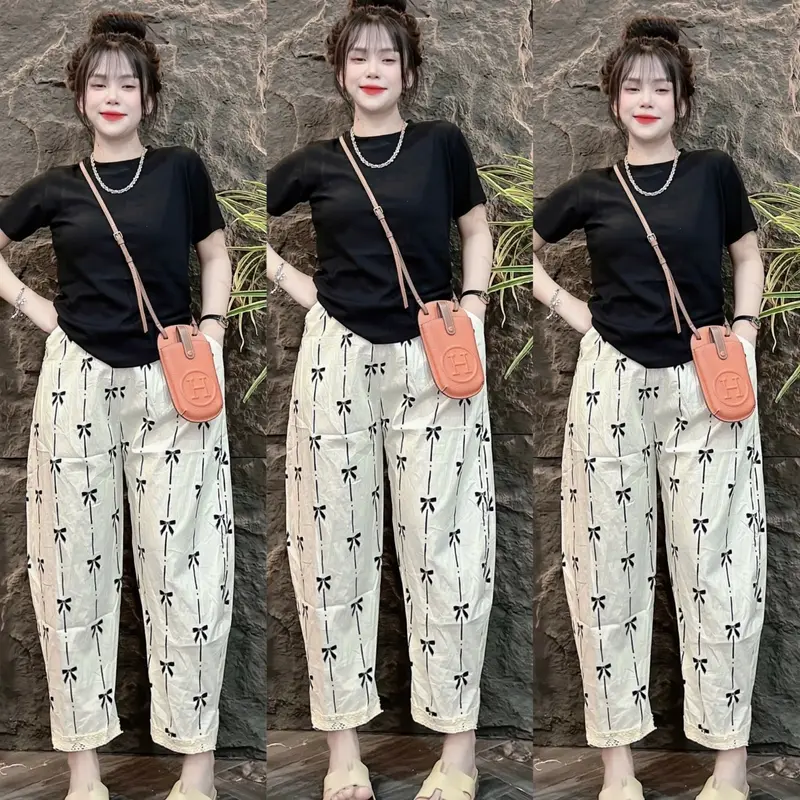 Sét Bộ Thun Áo Tay Ngắn Cổ Tròn In Hình Hoa Nhí Thun Co Giãn Kèm Quần Baggy Lụa Phoi Ren Lai,In Hoa Tiếc Hoa ,Phom 45-58kg,Mac Thoai Mai Nữ Women Bo Chun Nhung Voi Top Kem 2