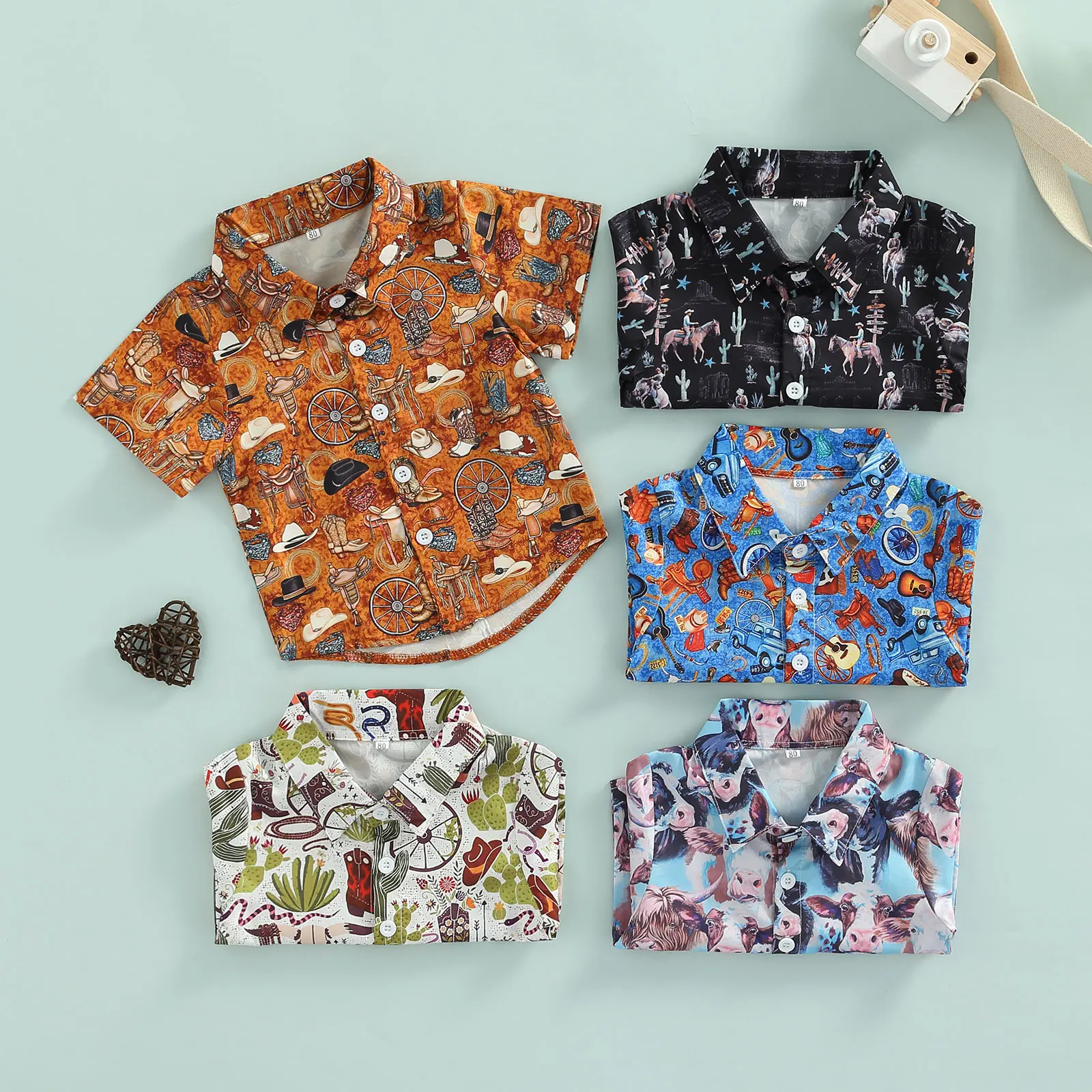Boy Summer Shirt, Cartoon Pattern Printed Kid Lapel Neck Short Sleeve Tops Button Down Clothing for Children