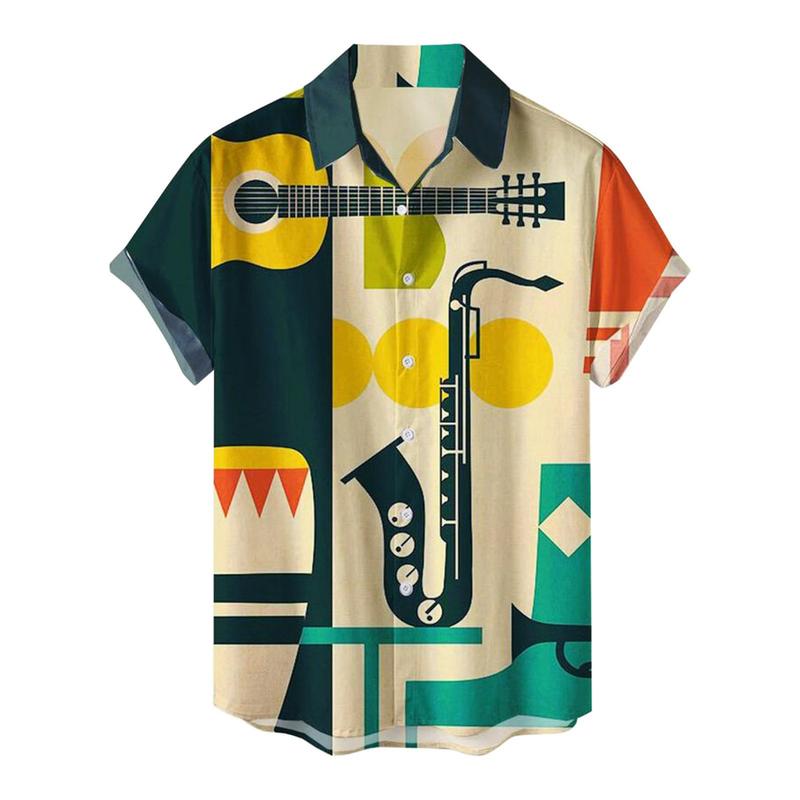 Huxriqvy Men Beach Shirt Color Matching Loose Graffiti Pattern Men Beach Top Single-breasted Men Clothes 3