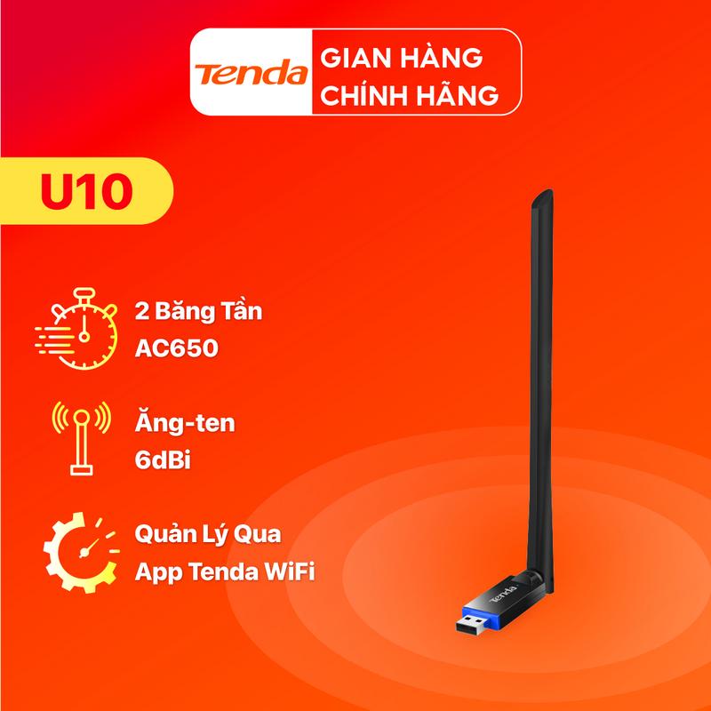 Bộ Chuyển Đổi USB WiFi Tenda U10 chuẩn AC tốc độ 650Mbps - Hàng Chính Hãng