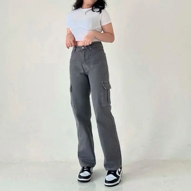 CELANA KULOT CARGO LOOSE HIGHWAIST WANITA PREMIUM Denim Kancing Light Panjang Saku Samping jeans 0