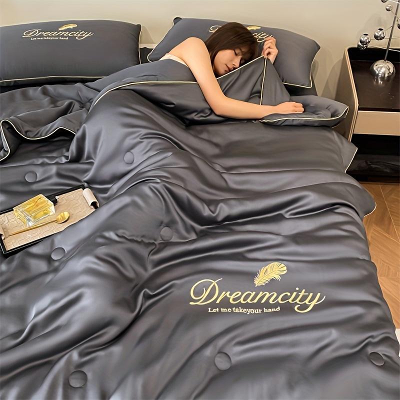 Product Introduction of 1 Piece Dreamy Summer Light Quilt - Soft, Light Beige Friendly 100% Microfiber, Designed with Gold Leaves and "DREAMCITY" Words, Gray with Gold Accents, Machine Washable, Pillowcase and Bed Sheet Not Included, Summer Bedding | Fantasy-themed Decoration | 4