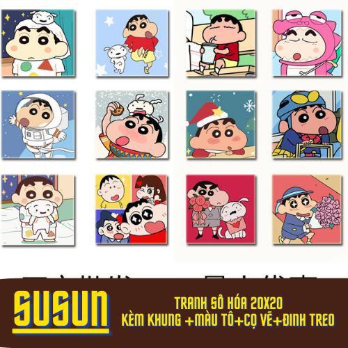 Tranh sơn dầu 20x20 bút chì Shin-chan, Tranh Tô Màu Theo Số Cậu Bé Bút Chì Shin Căng Sẵn Khung+ Sơn Màu+ Cọ Vẽ+Đinh Treo
