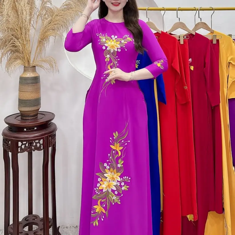 Áo Dài Lụa Mỹ Tím Cẩm Thêu Hoa