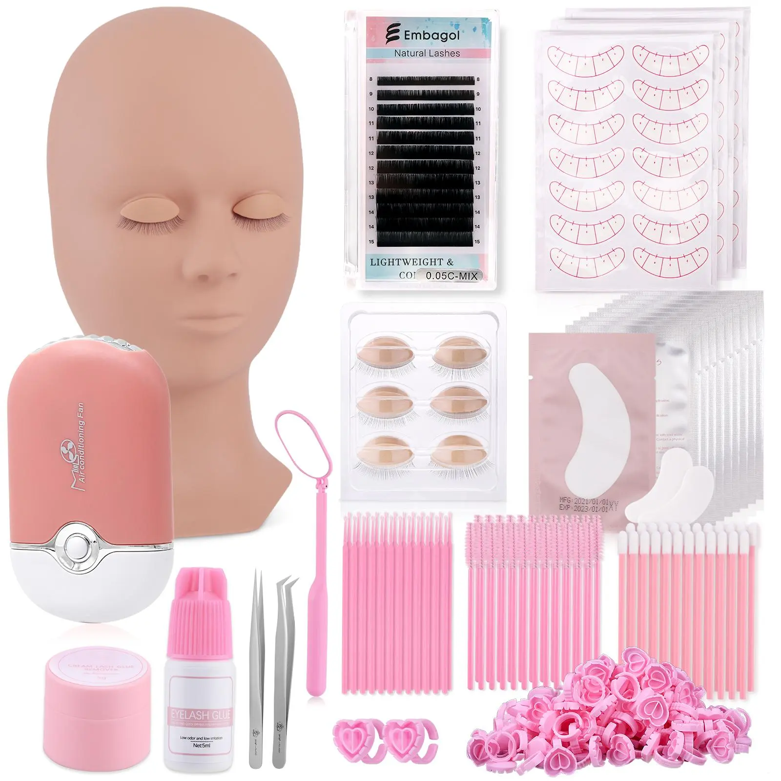 Eyelash Extension Kit With Lash Mannequin Head, 1 Set Lash Extension Supplies For Eyelash Extension Practice, Eye Makeup Tool For Women, Christmas Gift, Christmas Eve Box Fillers, Cosmetic Accessories, Makeup Set, Eyelashes Kit Set, Lashes