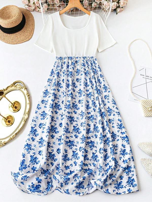 【Plus Size】Ditsy Floral Print Scoop Neck A Line Dress, Boho Casual Short Sleeve Long Dress for Daily Outdoor Wear, Summer Dress, Women Plus Clothing for All Seasons, Womenswear 6