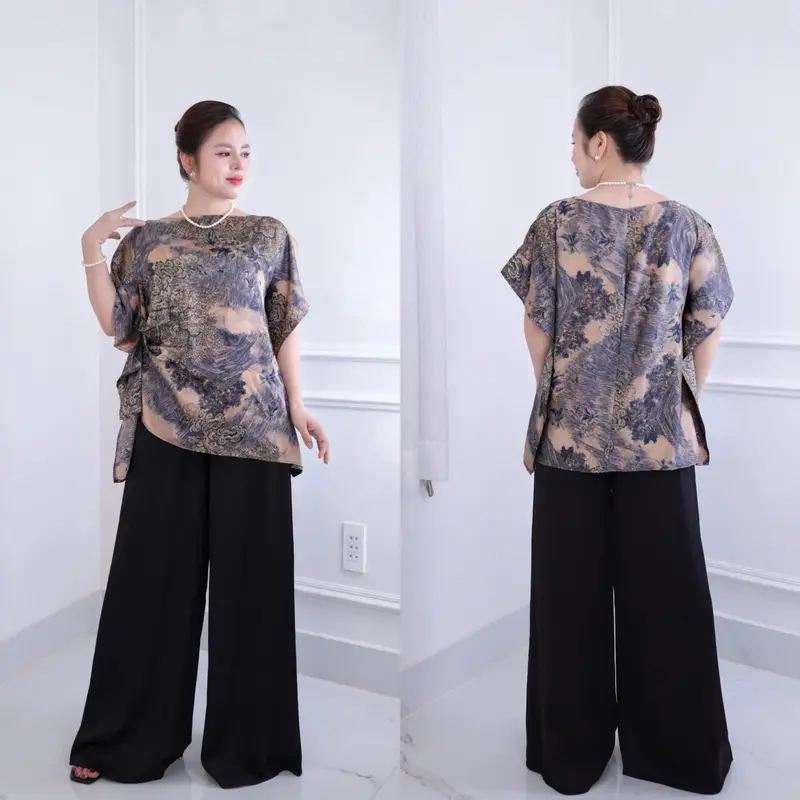 ( Hàng Cao Cấp ) Set Đồ bộ trung niên cách điệu, đồ bộ cho mẹ,áo kiểu, quần dài ống rộng , chất lụa lattin cao cấp CC36 Nữ Women Ong Top Voi Jacket Polo 6