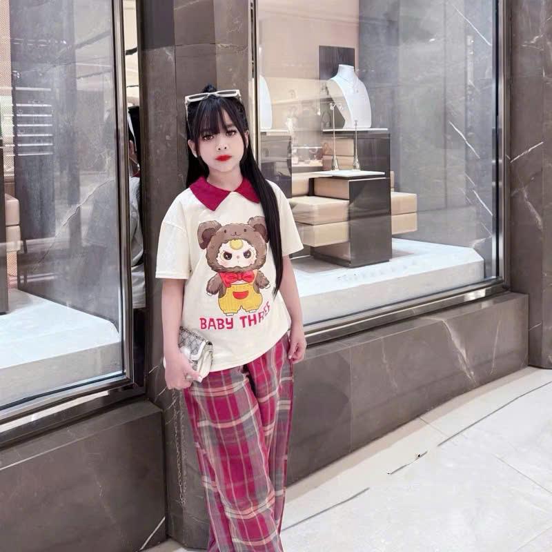 Sét áo Baby Three cổ bẻ + quần xuông kẻ cho bé gái size 14-43kg - Bonbishop